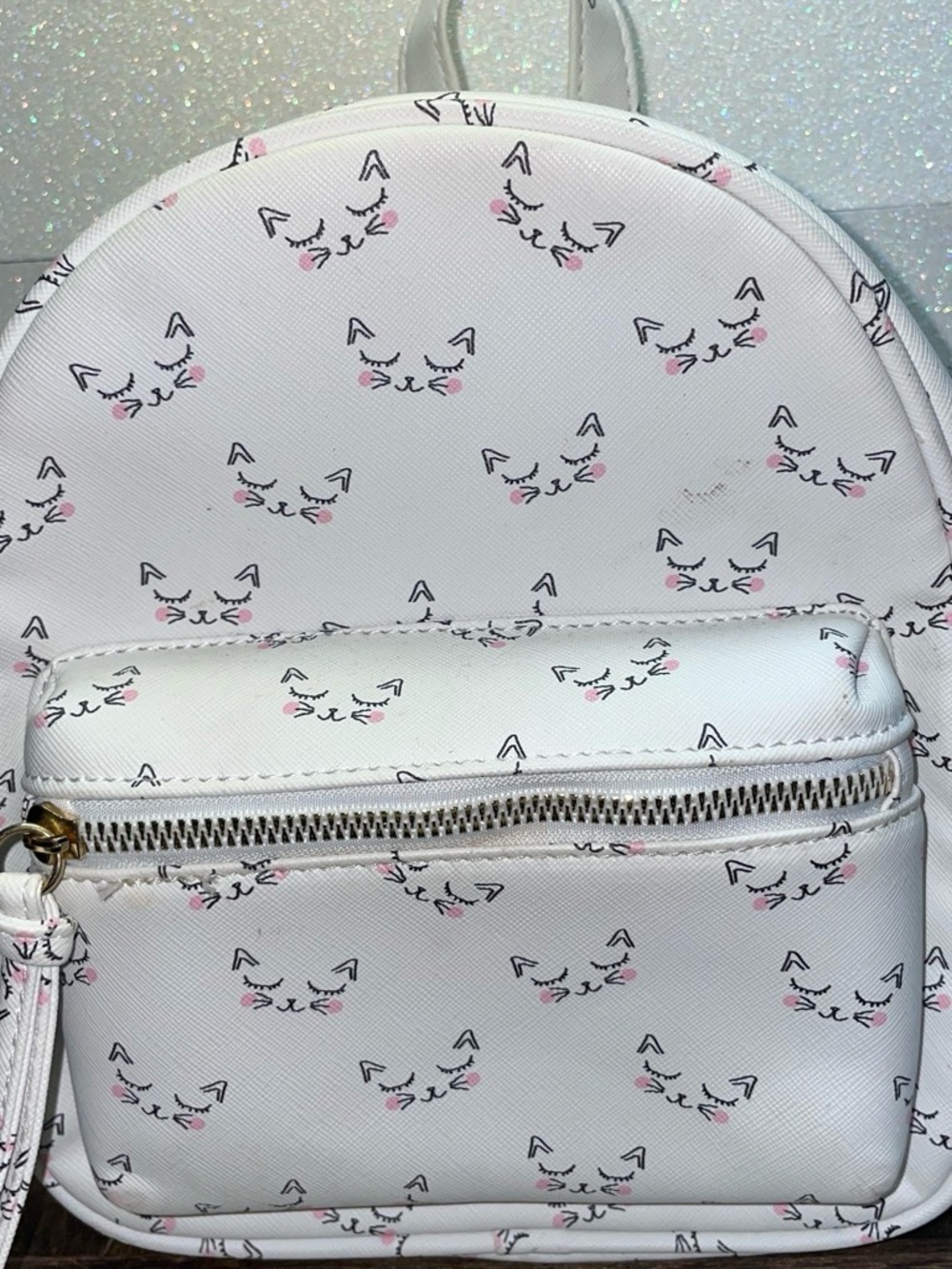 White Mini Backpack with Pink Cat Print